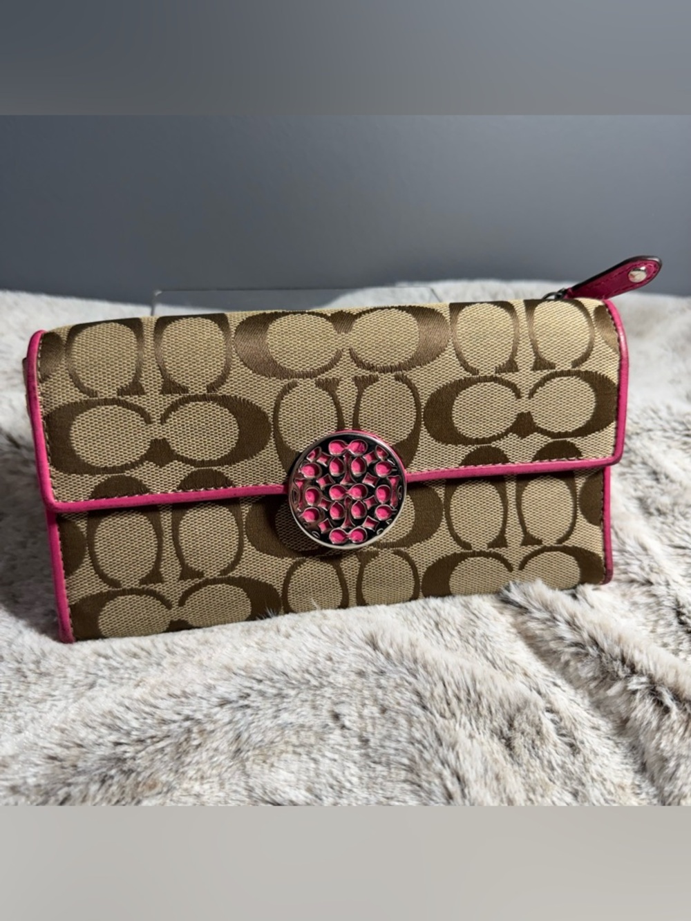 Coach Signature Canvas Checkbook Wallet Brown Tan Pink Trim Snap Closure
